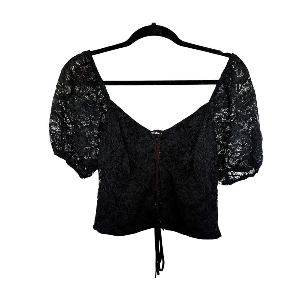 NWT Topshop Black Lace Crop Top with Puff Sleeves and Lace up Front US 8
